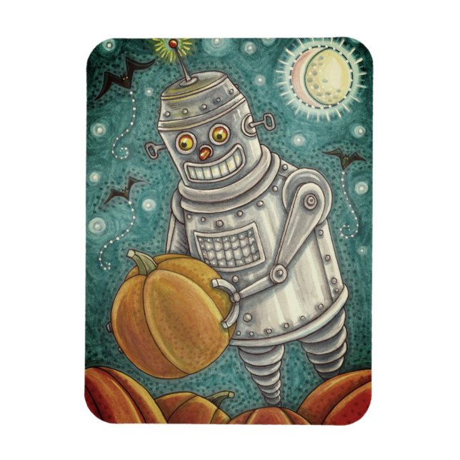 ROBOT PICKING PUMPKINS , HALLOWEEN MECHANICAL MAN MAGNET (Vertical)