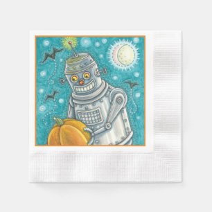 ROBOT PICKING PUMPKINS , HALLOWEEN MECHANICAL MAN NAPKIN