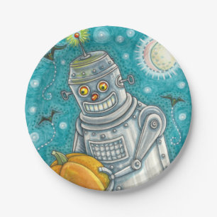 ROBOT PICKING PUMPKINS , HALLOWEEN MECHANICAL MAN PAPER PLATE