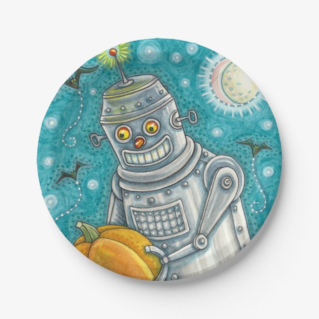 ROBOT PICKING PUMPKINS , HALLOWEEN MECHANICAL MAN PAPER PLATE (Front)