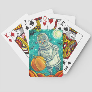 ROBOT PICKING PUMPKINS , HALLOWEEN MECHANICAL MAN PLAYING CARDS