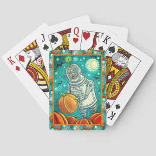 ROBOT PICKING PUMPKINS , HALLOWEEN MECHANICAL MAN PLAYING CARDS