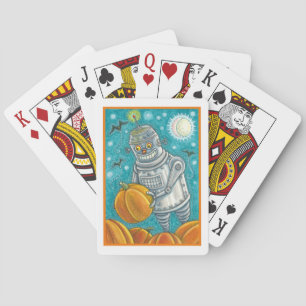 ROBOT PICKING PUMPKINS , HALLOWEEN MECHANICAL MAN PLAYING CARDS