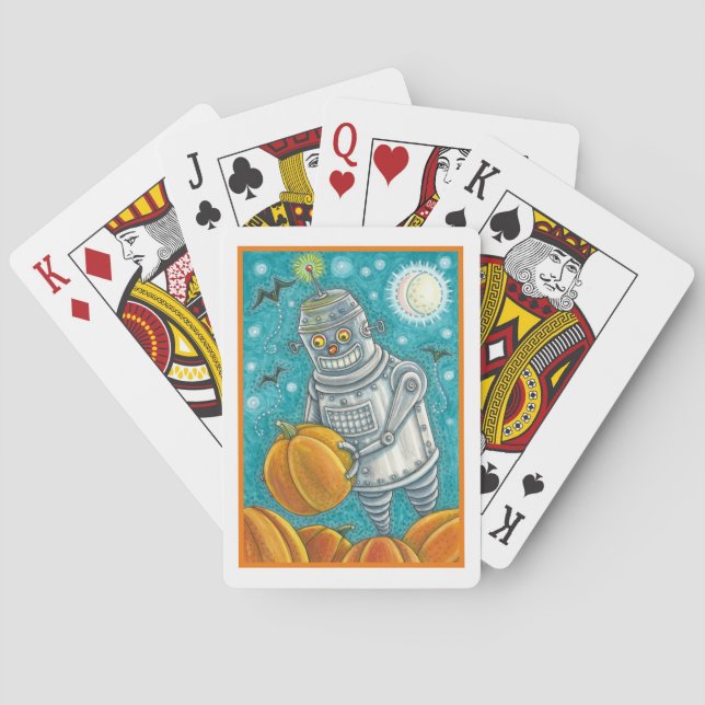 ROBOT PICKING PUMPKINS , HALLOWEEN MECHANICAL MAN PLAYING CARDS (Back)