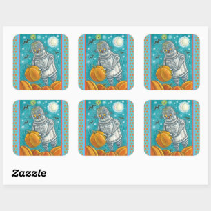 ROBOT PICKING PUMPKINS , HALLOWEEN MECHANICAL MAN SQUARE STICKER
