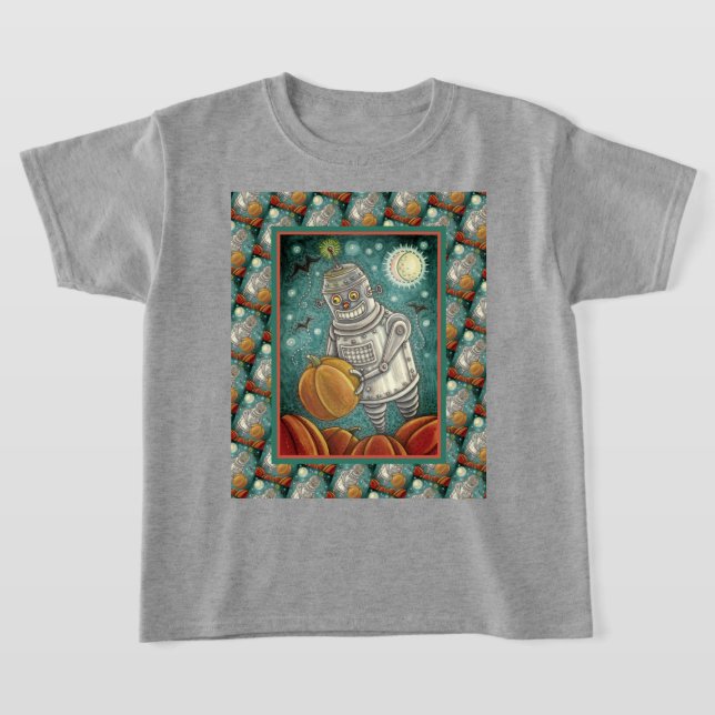ROBOT PICKING PUMPKINS , HALLOWEEN MECHANICAL MAN T-Shirt (Laydown)