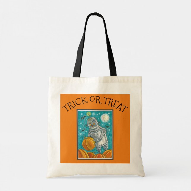 ROBOT PICKING PUMPKINS , HALLOWEEN MECHANICAL MAN TOTE BAG (Back)