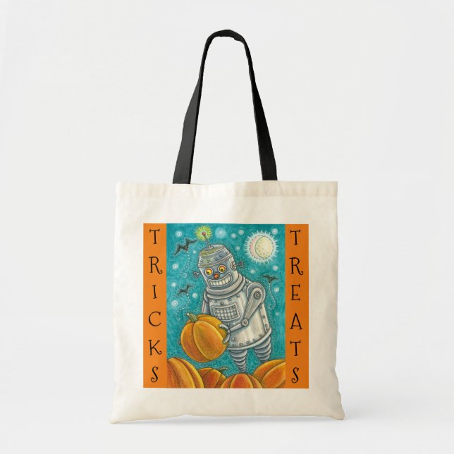 ROBOT PICKING PUMPKINS, HALLOWEEN TRICK OR TREAT TOTE BAG (Front)