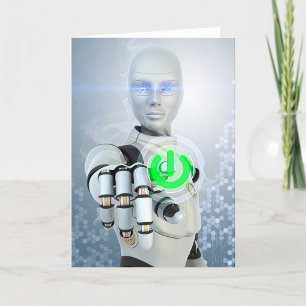 Robot Pushing Power Button Sci-Fi Greeting Cards