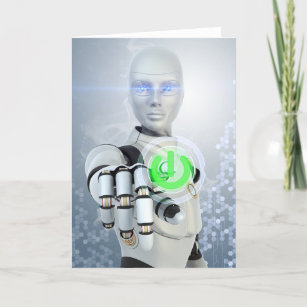 Robot Pushing Power Button Sci-Fi Greeting Cards