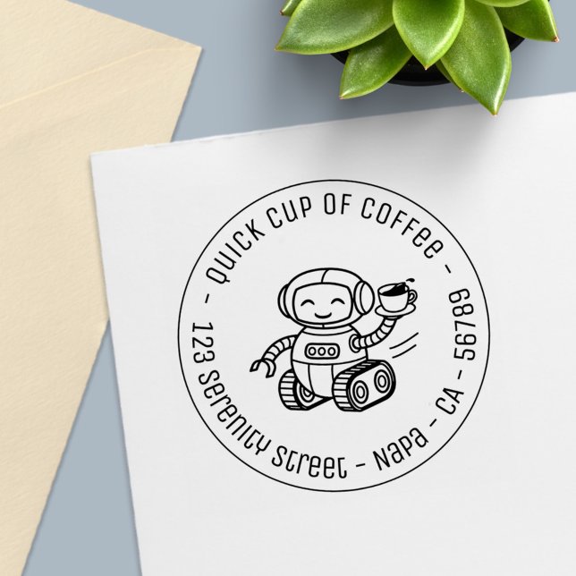 Robot Serving Coffee Business Round Address Self-inking Stamp (Creator Uploaded)