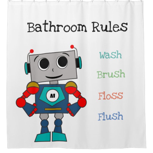 Robot Shower Curtain with Bathroom Rules for Kids (Front)