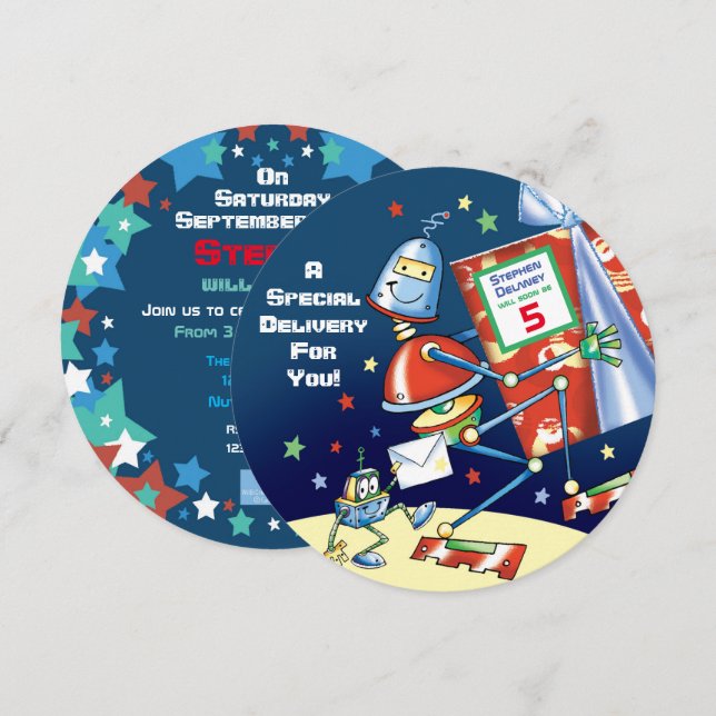 Robot, Special Delivery, Boy's 5th Birthday Party Invitation (Front/Back)