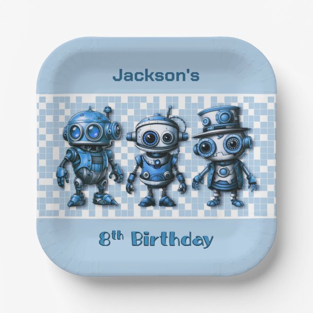 Robot Theme 8th Birthday Party Plates (Front)
