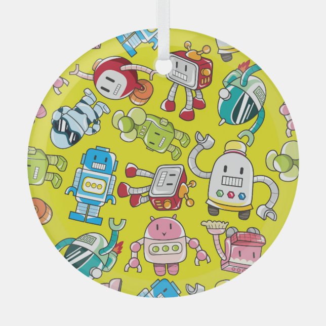 Robot Theme: Colourful Seamless Pattern. Glass Tree Decoration (Front)