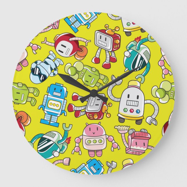 Robot Theme: Colourful Seamless Pattern. Large Clock (Front)