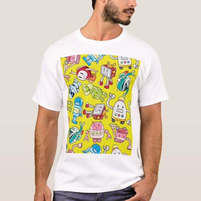 Robot Theme: Colourful Seamless Pattern. T-Shirt (Front)