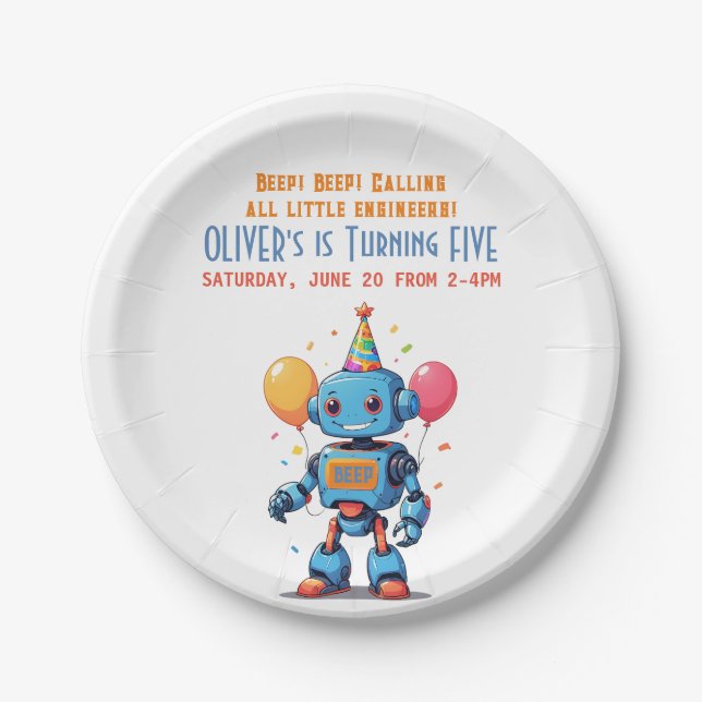 robot theme with balloons watercolor paper plate (Front)
