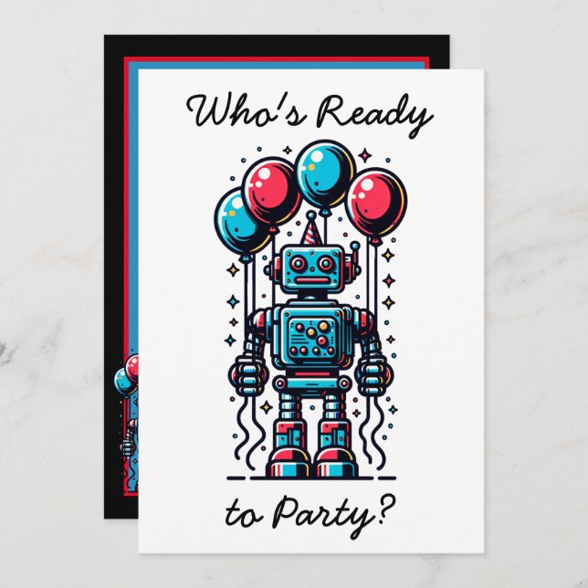 Robot Themed Boy's Birthday Invitation (Front/Back)