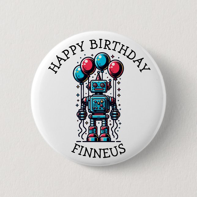 Robot Themed Boy's Happy Birthday 6 Cm Round Badge (Front)