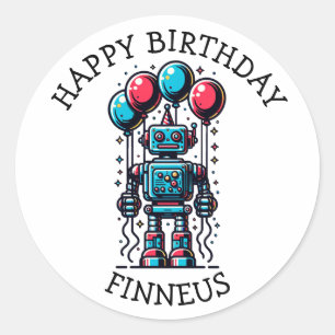 Robot Themed Boy's Happy Birthday Classic Round Sticker
