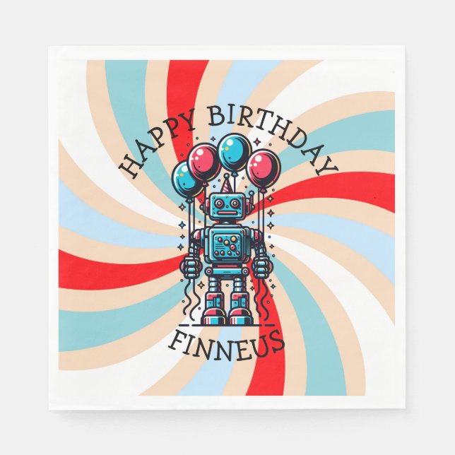 Robot Themed Boy's Happy Birthday Napkin (Front)