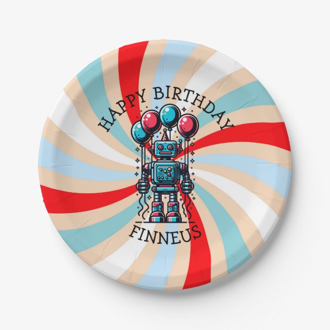 Robot Themed Boy's Happy Birthday Paper Plate (Front)