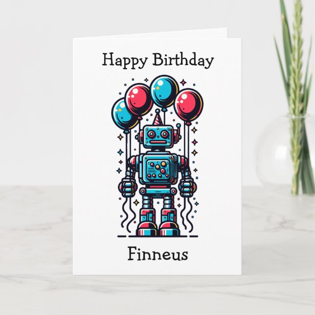 Robot Themed Personalised Birthday Card (Front)