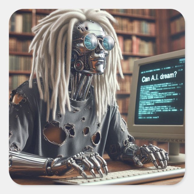 Robot Types at Keyboard Square Sticker (Front)