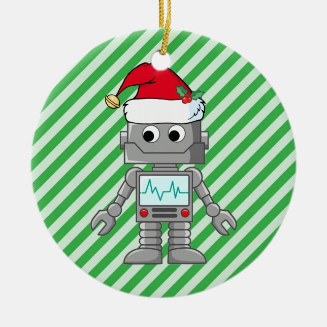Robot Wearing Santa Hat Ceramic Ornament (Front)