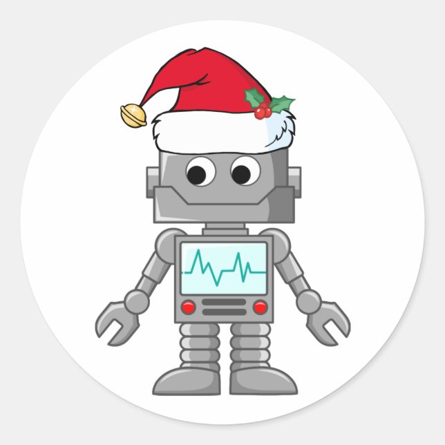 Robot Wearing Santa Hat Classic Round Sticker (Front)