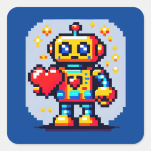 Robot With a Heart - Cute Pixel Art Sci-Fi Design Square Sticker