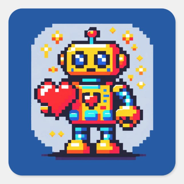 Robot With a Heart - Cute Pixel Art Sci-Fi Design Square Sticker (Front)