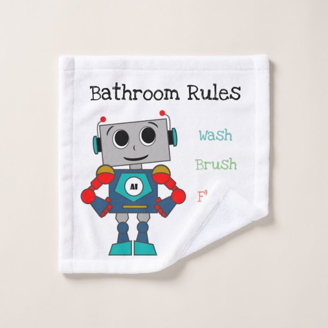 Robot with Bathroom Rules Towel (Wash Cloth)