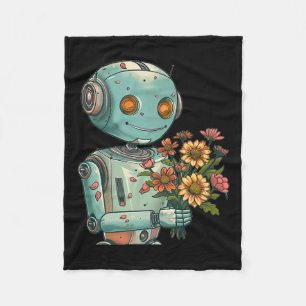 Robot With Bloom And Flowers Outfit For Boys And G Fleece Blanket