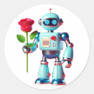 Robot with Rose Classic Round Sticker