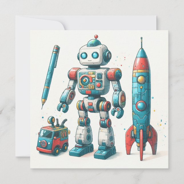 Robot with spaceship holiday card (Front)