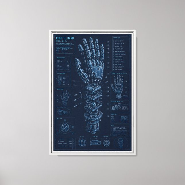 Robotic Hand Technical Blueprint Canvas Print (Front)