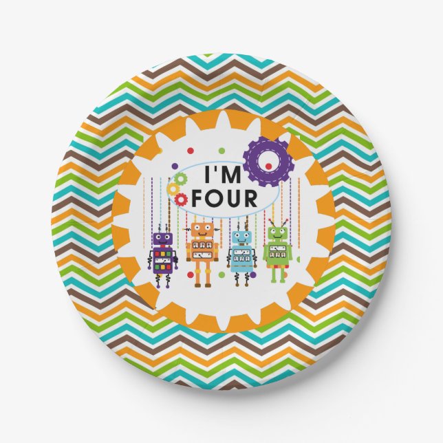 Robots 4th Birthday Paper Plates (Front)