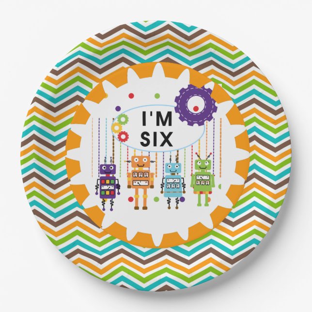 Robots 6th Birthday Paper Plates (Front)