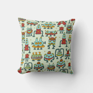 Robots Aliens Vintage Pattern Illustration Cushion