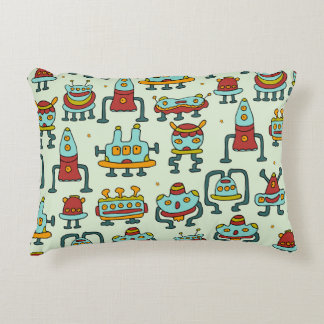 Robots Aliens Vintage Pattern Illustration Decorative Cushion
