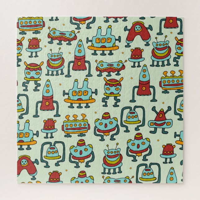 Robots Aliens Vintage Pattern Illustration Jigsaw Puzzle (Vertical)