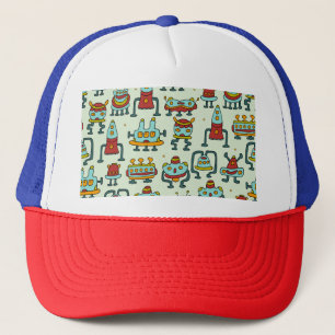 Robots Aliens Vintage Pattern Illustration Trucker Hat