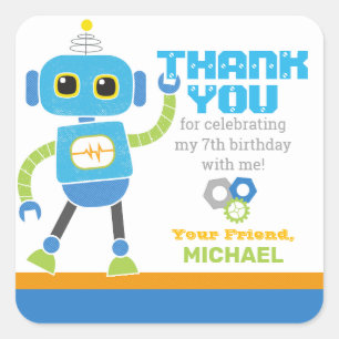 Robots and Bolts Blue and Green Birthday Favour Square Sticker
