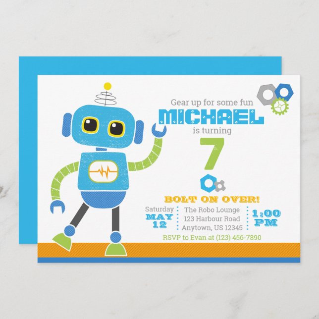 Robots & Bolts Blue and Green Birthday Invitation (Front/Back)