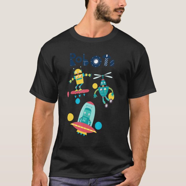 Robots Flying In Outer Space Design T-Shirt (Front)