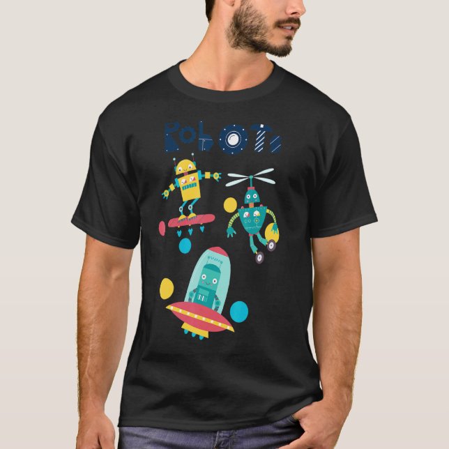Robots Flying In Outer Space Design T-Shirt (Front)