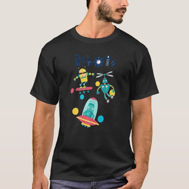 Robots Flying In Outer Space T-Shirt (Front)