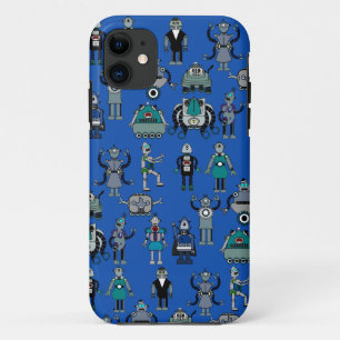 Robots! Geek Vintage Retro Robots on Blue iPhone 11 Case